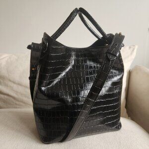 Elleme Paris Large “Vosges” Croc-Embossed Patent Leather Bucket Bag - EUC